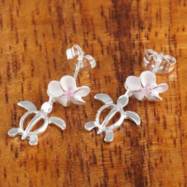Sterling Silver Plumeria with Pink CZ and Honu (Hawaiian Turtle) Post Earrings (S/M/L)