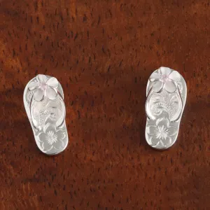 Sterling Silver Plumeria with Pink CZ Hawaiian Scroll Slipper Post Earrings
