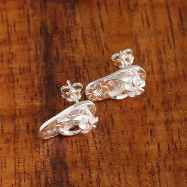 Sterling Silver Plumeria with Pink CZ Hawaiian Scroll Slipper Post Earrings