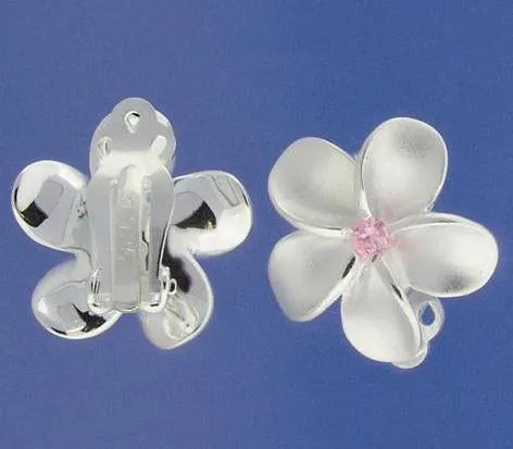 Sterling Silver Plumeria with Pink CZ Sandblast Clip Earrings (18-25mm)