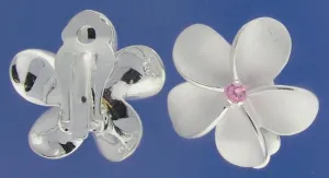 Sterling Silver Plumeria with Pink CZ Sandblast Clip Earrings (18-25mm)