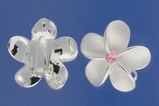 Sterling Silver Plumeria with Pink CZ Sandblast Clip Earrings (18-25mm)