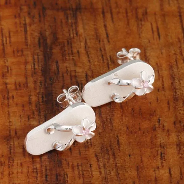 Sterling Silver Plumeria with Pink CZ Sandblast Finish Slipper Post Earrings
