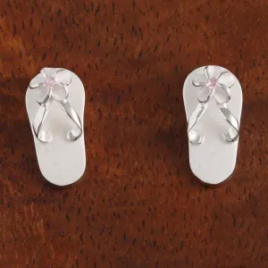 Sterling Silver Plumeria with Pink CZ Sandblast Finish Slipper Post Earrings