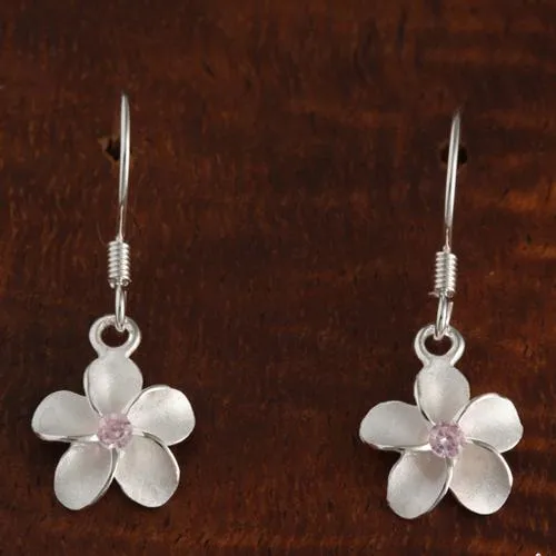 Sterling Silver Plumeria with Pink CZ Sandblast Hook Earrings (8-18mm)