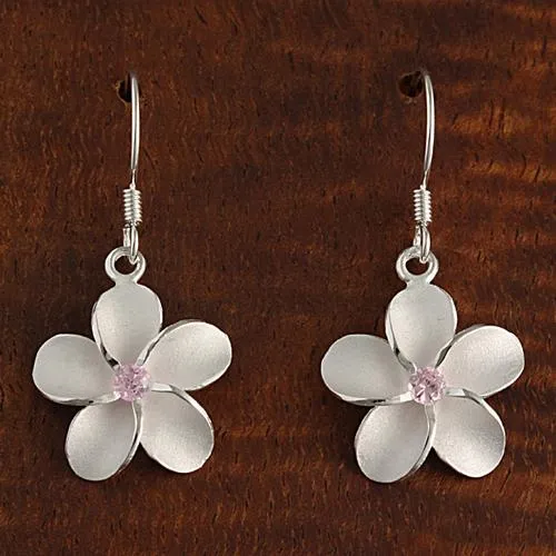 Sterling Silver Plumeria with Pink CZ Sandblast Hook Earrings (8-18mm)