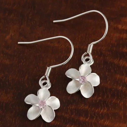 Sterling Silver Plumeria with Pink CZ Sandblast Hook Earrings (8-18mm)