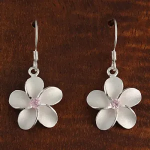 Sterling Silver Plumeria with Pink CZ Sandblast Hook Earrings (8-18mm)