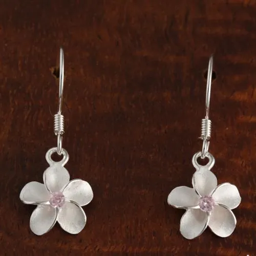 Sterling Silver Plumeria with Pink CZ Sandblast Hook Earrings (8-18mm)