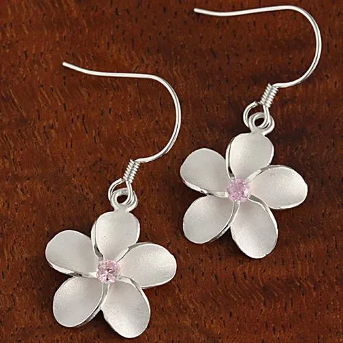 Sterling Silver Plumeria with Pink CZ Sandblast Hook Earrings (8-18mm)