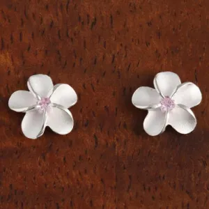 Sterling Silver Plumeria with Pink CZ Sandblast Post Earrings (6-18mm)