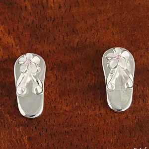 Sterling Silver Plumeria with Pink CZ Slipper Post Earrings