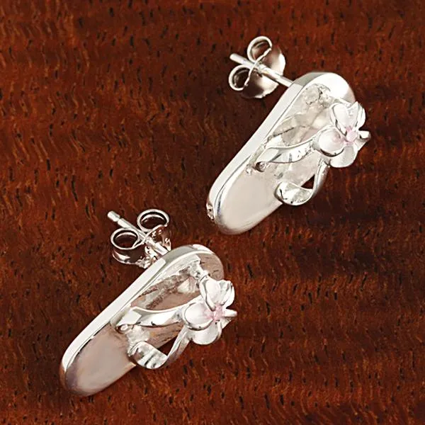 Sterling Silver Plumeria with Pink CZ Slipper Post Earrings