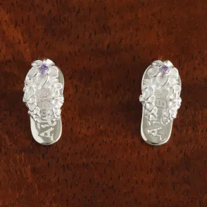 Sterling Silver Plumeria with Purple CZ ALOHA Slipper Post Earrings