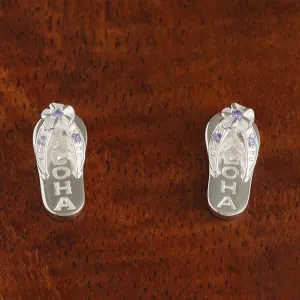 Sterling Silver Plumeria with Purple CZ ALOHA Slipper Post Earrings