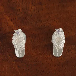 Sterling Silver Plumeria with Purple CZ HAWAII Slipper Post Earrings