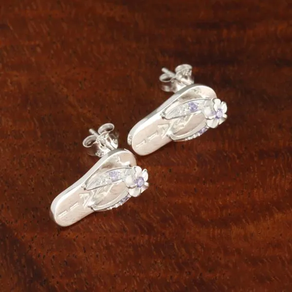 Sterling Silver Plumeria with Purple CZ HAWAII Slipper Post Earrings