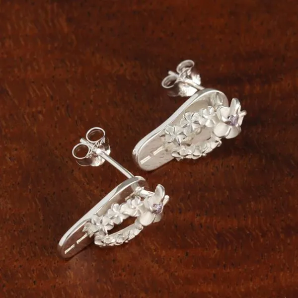 Sterling Silver Plumeria with Purple CZ HAWAII Slipper Post Earrings