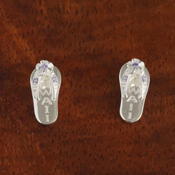 Sterling Silver Plumeria with Purple CZ HAWAII Slipper Post Earrings
