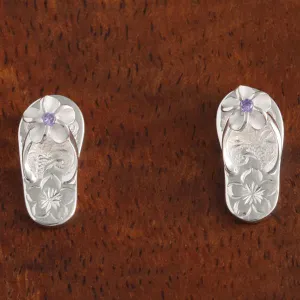 Sterling Silver Plumeria with Purple CZ Hawaiian Scroll Slipper Post Earrings