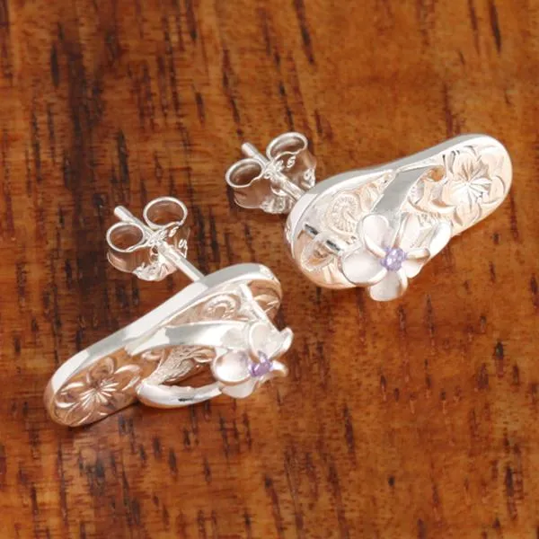 Sterling Silver Plumeria with Purple CZ Hawaiian Scroll Slipper Post Earrings