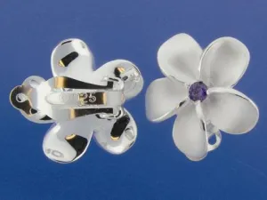 Sterling Silver Plumeria with Purple CZ Sandblast Clip Earrings (18-25mm)