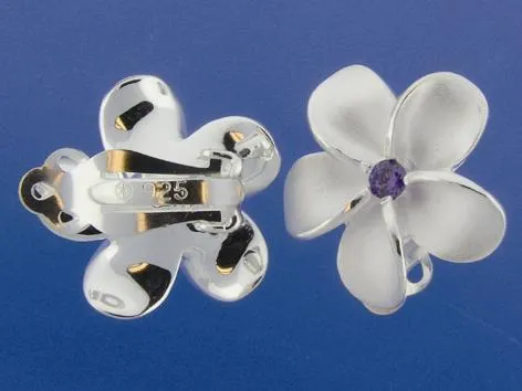 Sterling Silver Plumeria with Purple CZ Sandblast Clip Earrings (18-25mm)