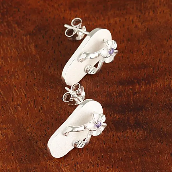 Sterling Silver Plumeria with Purple CZ Sandblast Finish Slipper Post Earrings