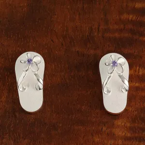 Sterling Silver Plumeria with Purple CZ Sandblast Finish Slipper Post Earrings