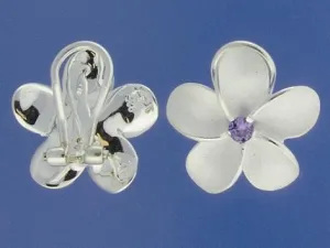 Sterling Silver Plumeria with Purple CZ Sandblast French Clip Earrings 18mm