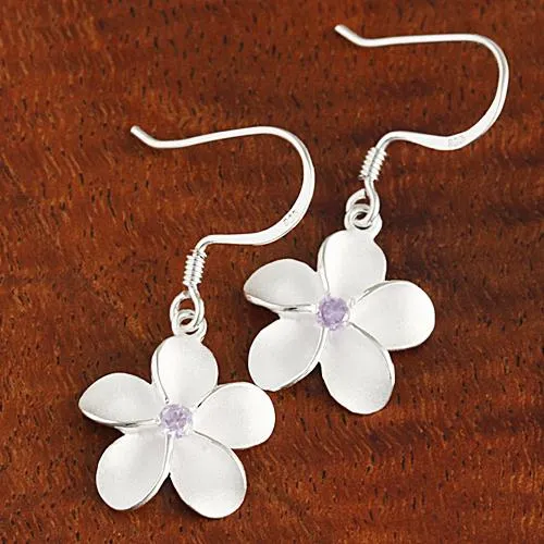 Sterling Silver Plumeria with Purple CZ Sandblast Hook Earrings (8-18mm)