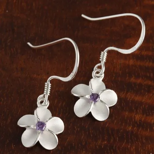 Sterling Silver Plumeria with Purple CZ Sandblast Hook Earrings (8-18mm)