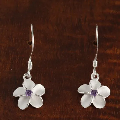 Sterling Silver Plumeria with Purple CZ Sandblast Hook Earrings (8-18mm)