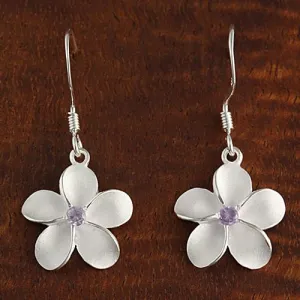 Sterling Silver Plumeria with Purple CZ Sandblast Hook Earrings (8-18mm)