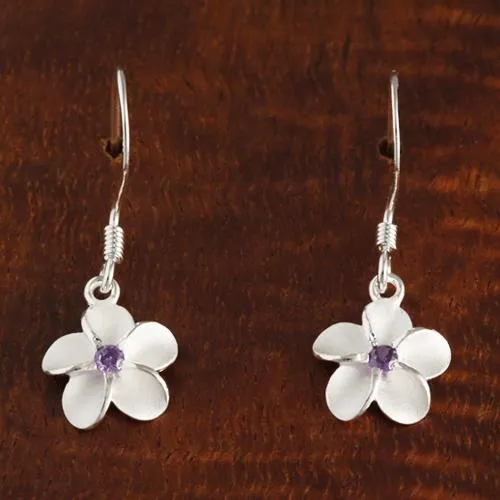 Sterling Silver Plumeria with Purple CZ Sandblast Hook Earrings (8-18mm)