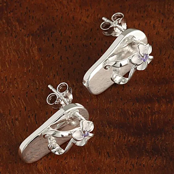 Sterling Silver Plumeria with Purple CZ Slipper Post Earrings