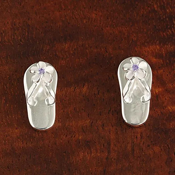 Sterling Silver Plumeria with Purple CZ Slipper Post Earrings