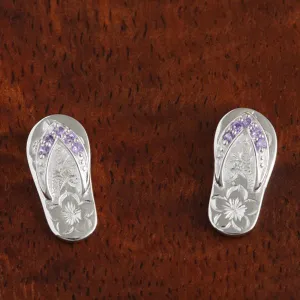 Sterling Silver Purple CZ Strap Hawaiian Scroll Slipper Post Earrings