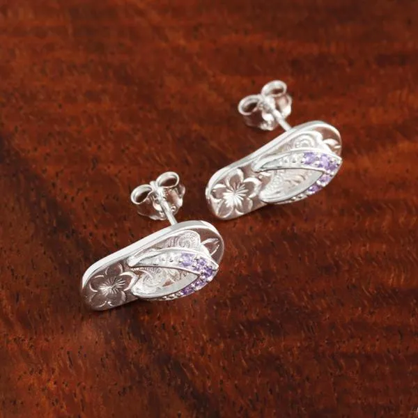 Sterling Silver Purple CZ Strap Hawaiian Scroll Slipper Post Earrings