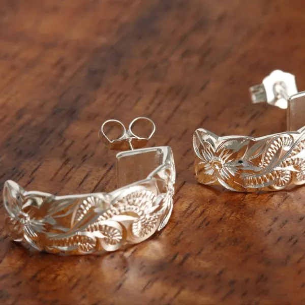 Sterling Silver Queen Scroll Cut Out Edge Half Moon Earrings 8mm