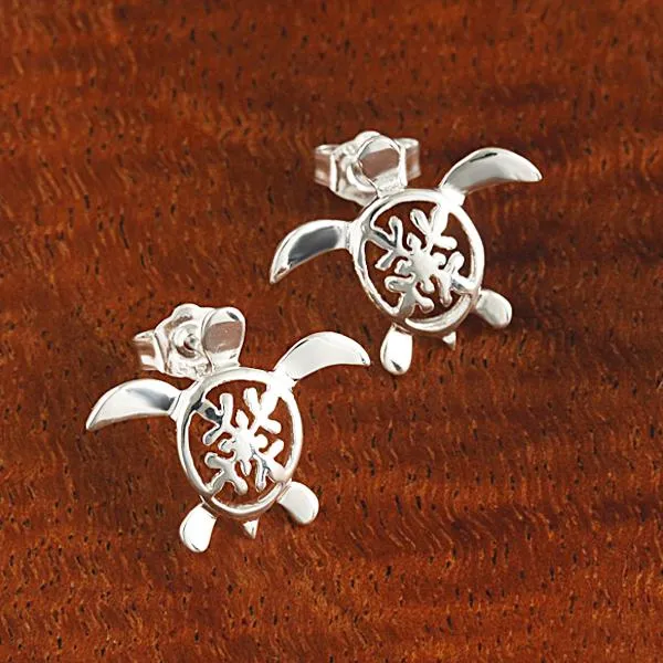 Sterling Silver Quilt in Honu (Hawaiian Turtle) Post Earrings