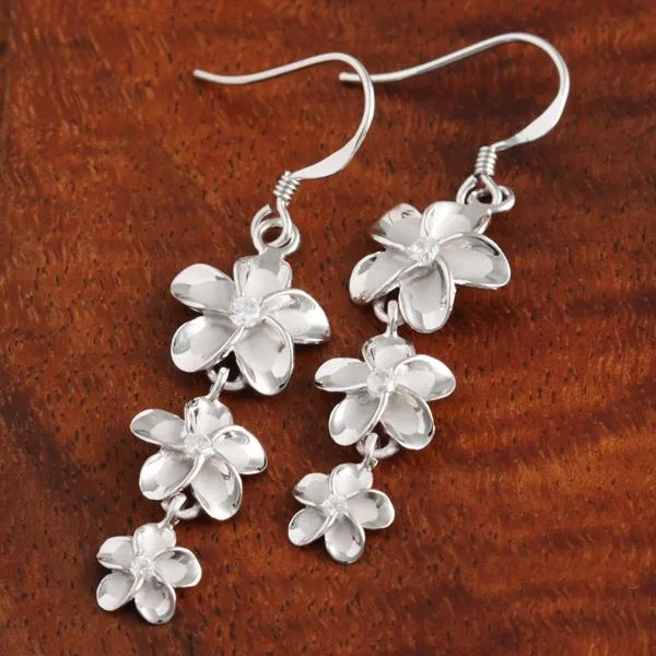 Sterling Silver Rhodium Plated 12-10-8mm Plumeria with CZ Hook Earrings