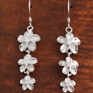 Sterling Silver Rhodium Plated 12-10-8mm Plumeria with CZ Hook Earrings
