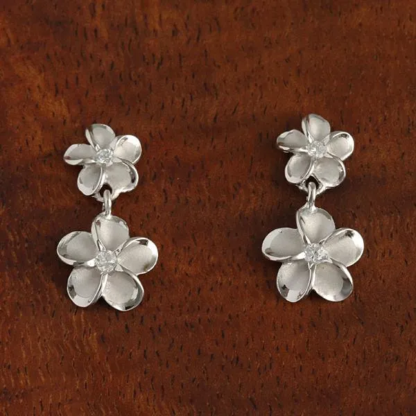 Sterling Silver Rhodium Plated 8-10mm Plumeria with CZ Post Earrings