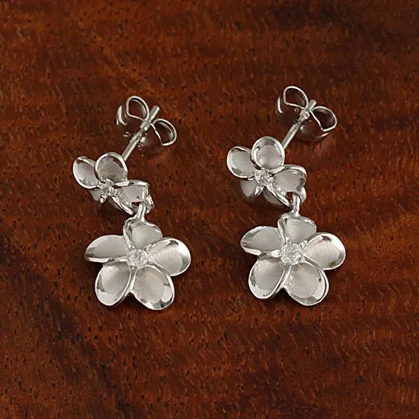 Sterling Silver Rhodium Plated 8-10mm Plumeria with CZ Post Earrings