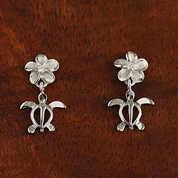 Sterling Silver Rhodium Plated 8mm Plumeria with CZ and Honu (Hawaiian Turtle) Post Earrings