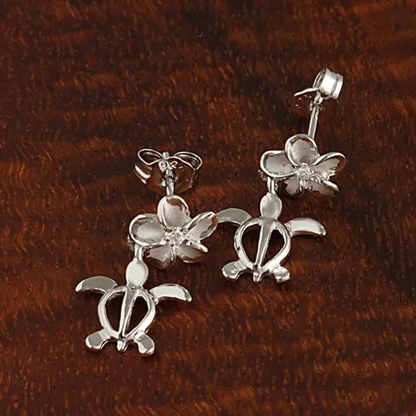 Sterling Silver Rhodium Plated 8mm Plumeria with CZ and Honu (Hawaiian Turtle) Post Earrings