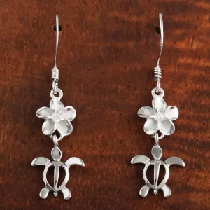 Sterling Silver Rhodium Plated 8mm Plumeria with CZ and Honu (Turtle) Hook Earrings
