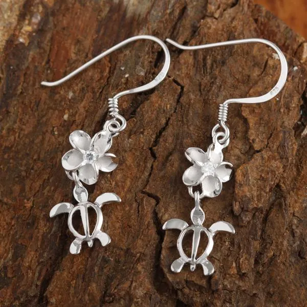Sterling Silver Rhodium Plated 8mm Plumeria with CZ and Honu (Turtle) Hook Earrings