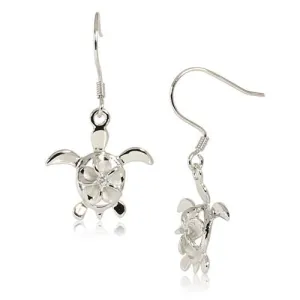 Sterling Silver Rhodium Plated 8mm Plumeria with CZ in Honu (Turtle) Hook Earrings